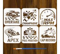 FINGERINSPIRE 6 plantillas de carreras con pincel, 15 x 15 cm, diseño de coche de carreras para colorear, maniobras, champán, vértice, polo, posición, velocidad máxima, récord de rondas, motivos de