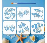 FINGERINSPIRE 6 plantillas de enjambre de peces con pincel, 15 x 15 cm, 6 estilos, reutilizables, patrón de peces, plantilla para pintar madera, muebles, decoración del hogar