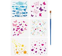 FINGERINSPIRE 6 plantillas de mariposa y libélula con 1 pincel de pintura de plástico de 15 x 15 cm, plantilla de dibujo de estrella de corazón, plantilla de plástico para peces, insectos, plantillas