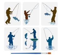 FINGERINSPIRE 6 plantillas de pintura con diseño de pesca y pincel, 21 x 29,7 cm, caña larga, peces y agua, plantilla de dibujo con tema de pesca, plantilla de decoración de arte para pintar en