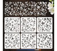 FINGERINSPIRE 6 plantillas de pintura de flores de pájaro con pincel, 30 x 30 cm, plantilla reutilizable con pájaros en un árbol, plantilla de dibujo con diseño de animales, plantilla de decoración