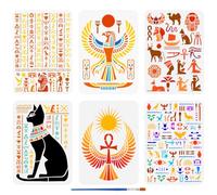 FINGERINSPIRE 6 plantillas de pintura de símbolos egipcios con 1 pincel de plástico de 21 x 29,7 cm, plantilla de halcón Horus, alas de Anka, patrón de gato y sol, plantilla egipcia para pintar en