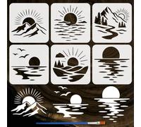 FINGERINSPIRE 6 plantillas de sol montañas y mares con un pincel, 20 x 20 cm, patrón de amanecer, plantilla de dibujo de puesta de sol, plantilla de pájaros y nubes, plantilla de PET para decoración