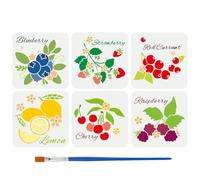 FINGERINSPIRE 6 plantillas para pintura de bayas y frutas con pincel, 20 x 20 cm, plantillas para arándanos, fresas, grosellas rojas, plantillas para limón, cereza, frambuesa, hojas, palabras, modelo