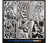 FINGERINSPIRE 6 Stencil Peep At The Animals con 1 pinceles de 21 x 29,7 cm, diseño de animales salvajes tigres cebras leopardos jirafas lobos para bricolaje manualidades decoración de pared de la casa