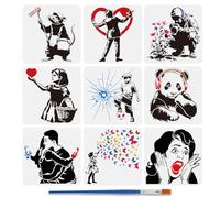 FINGERINSPIRE 9 Plantilla de pintura Banksy con pincel, 30 x 30 cm, pintura de rata graffiti hombre, fútbol, niño, pensamiento profundo, panda modelo de dibujo, pareja abrazándose, mujer gritando