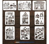 FINGERINSPIRE 9 plantillas de arquitectura de pueblo y pueblo con 1 pincel de 21 x 29,7 cm, plantillas de patrón de edificios de ciudad, plantilla de escena de campo para manualidades, muebles