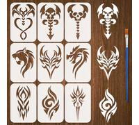 FINGERINSPIRE 9 plantillas de patrón de tatuaje para pintar con pincel, 12 x 18 cm, plantilla grande de plástico con patrón de calavera con silueta de animales, plantilla ahuecada para temas diarios