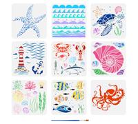 FINGERINSPIRE 9 plantillas de pintura de océano de verano con pincel, 30 x 30 cm, plantillas de dibujo de olas de mar, conchas de pez, faro, tortuga, pulpo, corales, plantilla para pintar en madera,