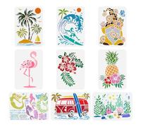 FINGERINSPIRE 9 plantillas de pintura de plantas de animales de verano de 21 x 29,7 cm, reutilizables, flamenco, palmera, surf, gnomo, hibisco, piña, sirena, plantilla de dibujo para pintar en madera,