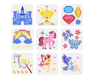 FINGERINSPIRE 9 plantillas temáticas de fantasía de 15 x 15 cm, plantillas de mariposa de plástico, unicornios, estrellas, hadas, castillo, corona, varita mágica, juego de plantillas reutilizables