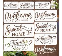 FINGERINSPIRE 9 unids plantilla de bienvenida para pintar con pincel 9 estilos plantillas de bienvenida a casa nuestra plantilla de plástico hueco plantillas de texto "La familia es para siempre" para