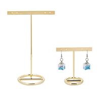 FINGERINSPIRE Metal Dorado 2 Piezas Soporte de exhibición de aretes con Barra en T 4 Agujeros Porta Joyas Organizador de Joyas Colgantes 【Base Redonda Dorada 2 Alturas】