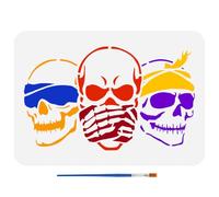 FINGERINSPIRE Plantilla de calaveras con un pincel de pintura de 29,7 x 21 cm, plantilla de calavera de tres sabios con bandanas, plantilla de dibujo temático de calaveras para paredes, azulejos,