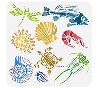 FINGERINSPIRE Plantilla de fósiles para pintar de 30 x 30 cm, diseño de conchas marinas de trilobite huecos, libélula, peces, caracolas, camarones, tortugas, para decoración de tela y lienzo