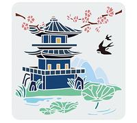 FINGERINSPIRE Plantilla de Pagoda Oriental 30x30cm Plantilla de Torre Antigua Plantillas de Dibujo Recortadas Arquitectura Flores de Cerezo Golondrina Hoja de Loto Colinas Rama Pintura