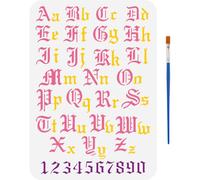 FINGERINSPIRE Plantilla de pintura del alfabeto inglés antiguo con 1 pincel de pintura de plástico de 21 x 29,7 cm, plantilla reutilizable de letras y números para pintar en pared de tela de madera