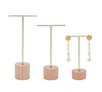 FINGERINSPIRE Soporte de exhibición de aretes de barra en T de metal dorado de 3 piezas con base de madera Soportes para joyas Organizador de joyas colgantes 【Base redonda dorada de 3 alturas】