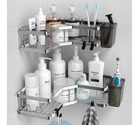 FINIBO Estante de Ducha sin taladrar, 2 Unidades Autoadhesivas, Organizador de Esquina de baño, estantería de Ducha de Acero Inoxidable con 4 Ganchos y 2 Soportes para Pasta de Dientes, Color Negro,