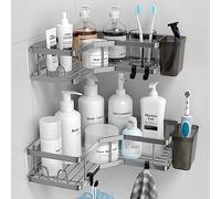 FINIBO Estante de Ducha sin taladrar, 2 Unidades Autoadhesivas, Organizador de Esquina de baño, estantería de Ducha de Acero Inoxidable con 4 Ganchos y 2 Soportes para Pasta de Dientes, Color Negro,
