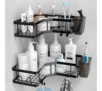 FINIBO Estante de ducha sin taladrar, 2 unidades autoadhesivas, organizador de esquina de baño, estantería de ducha de acero inoxidable con 4 ganchos y 2 soportes para pasta de dientes, color negro,