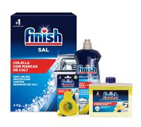 Finish Lavavajillas Sal 4kg + Abrillantador Limón 500ml + Limpiamáquinas Limón 250ml + Ambientador Limón.