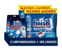 Finish Powerball Quantum 180 Pastillas para Lavavajillas + 6x Limpiamáquinas en Pastillas, Limpieza y Brillo Potentes, Aroma Regular Formato 2x90