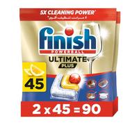 Finish Powerball Ultimate Plus, Infinity Shine - Pastilla detergente para lavavajillas, fragancia a limón, no necesita enjuague previo, Cyclesync y protector Shield, 45 pestañas (paquete de 2)