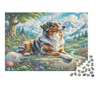 Finnish Spitz Rompecabezas Premium de cartón Pastor Australiano en acantilado rocoso con montañas, decoración del hogar para Entrenamiento Cerebral 52x38cm/1000 Piezas