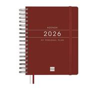 Finocam - Agenda 2026 1 Día Página | Enero - Diciembre (12 meses) | Agenda Anual 2026 con goma elástica y 2 cintas punto | Espiral Doble Tapa Dura Tempus - Burdeos - Español