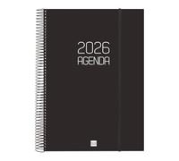 Finocam - Agenda Espiral 2026 1 Día Página | Enero - Diciembre (12 meses) | Agenda A4 Anual 2026 con goma | Tapa de polipropileno Espiral Opaque - Negro - Español