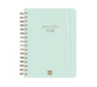 Finocam - Agenda Espiral 2026 1 Día Página | Enero - Diciembre (12 meses) | Agenda Anual 2026 con goma elástica | Espiral Doble Tapa Dura Alma - Menta - Español