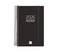 Finocam - Agenda Espiral 2026 1 Día Página | Enero - Diciembre (12 meses) | Agenda Anual 2026 con goma | Tapa de polipropileno Espiral Basics Opaque - Negro - Catalán
