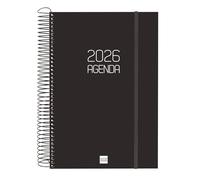 Finocam - Agenda Espiral 2026 1 Día Página | Enero - Diciembre (12 meses) | Agenda Anual 2026 con goma | Tapa de polipropileno Espiral Basics Opaque - Negro - Catalán
