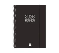 Finocam - Agenda Espiral 2026 Semana Diseño Horizontal | Enero - Diciembre 12 meses | Agenda Anual 2026 con elástico | Cubierta de polipropileno espiral mate - Negro - Italiano