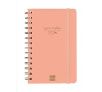 Finocam - Agenda Espiral 2026 Semana Vista Horizontal | Enero - Diciembre (12 meses) | Agenda Anual 2026 con goma | Espiral Doble Tapa Dura Alma - Coral - Español