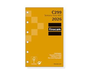 Finocam - Recambio agenda Classic 2026 Semana Vista Horizontal | Enero - Diciembre (12 meses) | Recambio anual agenda C299 con 6 taladros - Español