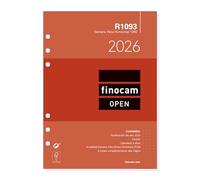 Finocam - Recambio agenda Open 2026 Semana Vista Horizontal | Enero - Diciembre (12 meses) | Recambio anual agenda R1093 con 6 taladros - Español