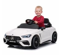 FINOOS - Coche electrico para niños 12V - Mercedes CLE53 AMG - con Control Remoto - 2 Potentes Motores - 2 + 1 Velocidad - LED - Música - Bluetooth (Blanco)