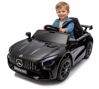 FINOOS Mercedes GTR AMG - Coche eléctrico para niños, 12 V, con mando a distancia, 2 + 1 velocidades, claxon, LED, música, Bluetooth (negro)