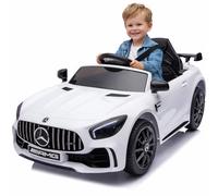 FINOOS Mercedes GTR AMG - Coche eléctrico para niños, 12 V, con mando a distancia, 2 + 1 velocidades, claxon, LED, música, Bluetooth (blanco)