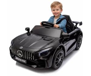 FINOOS Mercedes GTR AMG - Coche eléctrico para niños, 12 V, con mando a distancia, 2 + 1 velocidades, claxon, LED, música, Bluetooth (negro)