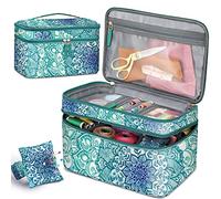 FINPAC Estuche organizador y almacenamiento de accesorios de costura, bolsa de transporte de doble capa con cojín de pasador de muñeca para hilos, agujas, suministros de hilo de bordado, kits de