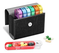 FINPAC Pastillero Semanal 4 Tomas 7 Días, 28 Compartimentos Organizador Medicamentos con Estuche de Cuero PU y Nombre de Tarjeta, Vitamina Caja de Almacenamiento para Viaje, Negro