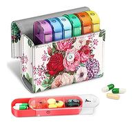 FINPAC Pastillero Semanal 4 Tomas 7 Días, 28 Compartimentos Organizador Medicamentos con Estuche de Cuero PU y Nombre de Tarjeta, Vitamina Caja de Almacenamiento para Viaje, Flower Festival