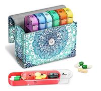 FINPAC Pastillero Semanal 4 Tomas 7 Días, 28 Compartimentos Organizador Medicamentos con Estuche de Cuero PU y Nombre de Tarjeta, Vitamina Caja de Almacenamiento para Viaje, Emerald Illusions