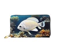 FInpan Patrón de gráfico de textura de crisantemo blanco, cartera con cremallera para mujer, embrague largo, tarjetero de crédito, cartera de cuero, monedero de viaje, Pez blanco-dorado, Talla única