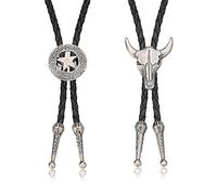 Finrezio 2 Piezas Corbata de Cuero Corbata Vaca Calavera Texas Ranger Cadena Estelar Los Hombres Rodeo Bolo Corbata Tono Plateado
