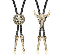 Finrezio 2 Piezas Corbata de Cuero Corbata Vaca Calavera Texas Ranger Cadena Estelar Los Hombres Rodeo Bolo Corbata Tono Dorado