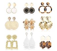 Finrezio Pendientes Colgantes con Clip Para Mujer, Pendientes Colgantes Acrílicos de Resina de Ratán, Pendientes Colgantes de Aro con Borla de Ratán Geométrico Ligero, Joyería